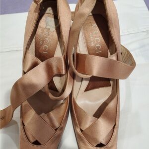 Gucci Women's Satin Crisscross Heels in Brown